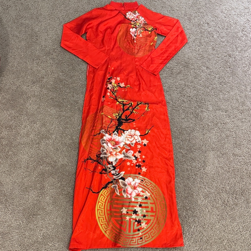 Vibrant Red Ao Dai with Floral Accents